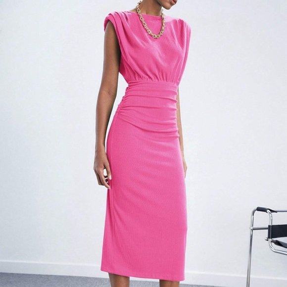 Pink Preppy Womens Solid Shoulder Pad Ruched Waist Dress - Picture 5 of 5